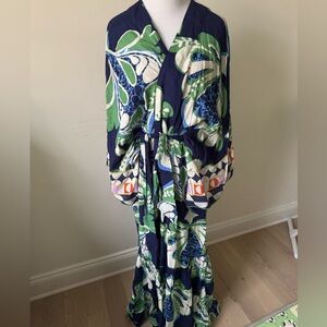 Anthropologie Navy and Green Floral Robe